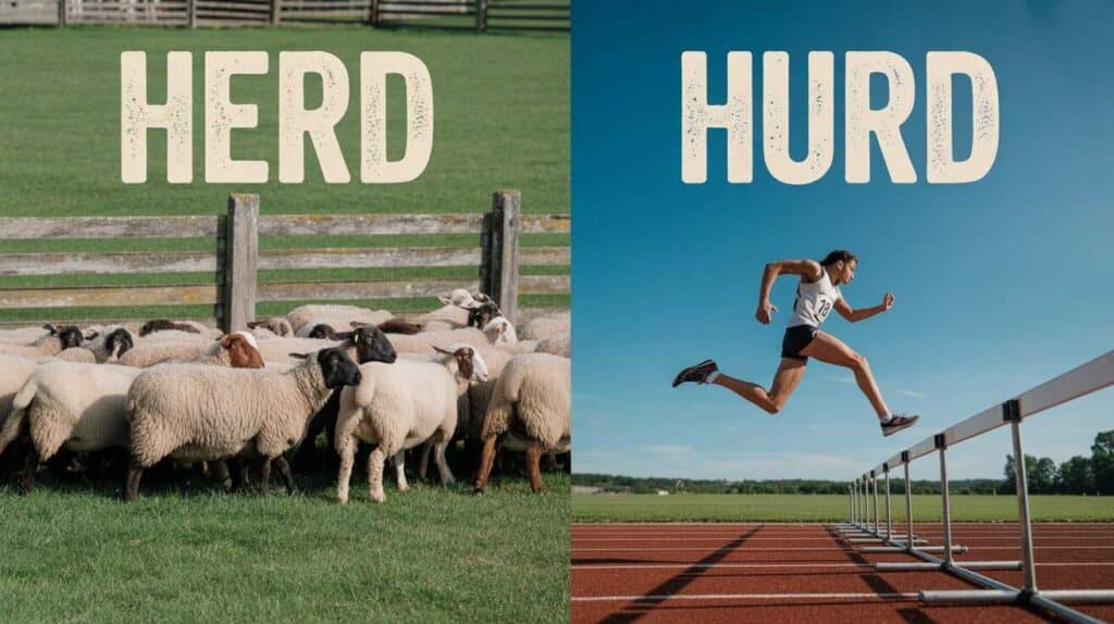 "Comparison of Herd vs Hurd: a herd of sheep on the left and an athlete jumping hurdles on the right"