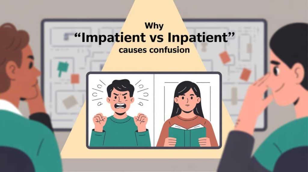 Impatient vs Inpatient confusion illustration showing difference in spelling and meaning