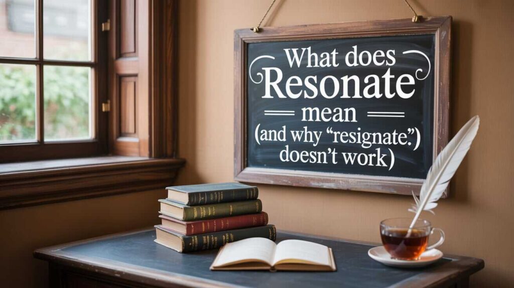 Visual comparison of resignate vs resonate, showing “Resonate” as the correct spelling in green and “Resignate” as incorrect in red, illustrating the proper English usage and meaning difference.